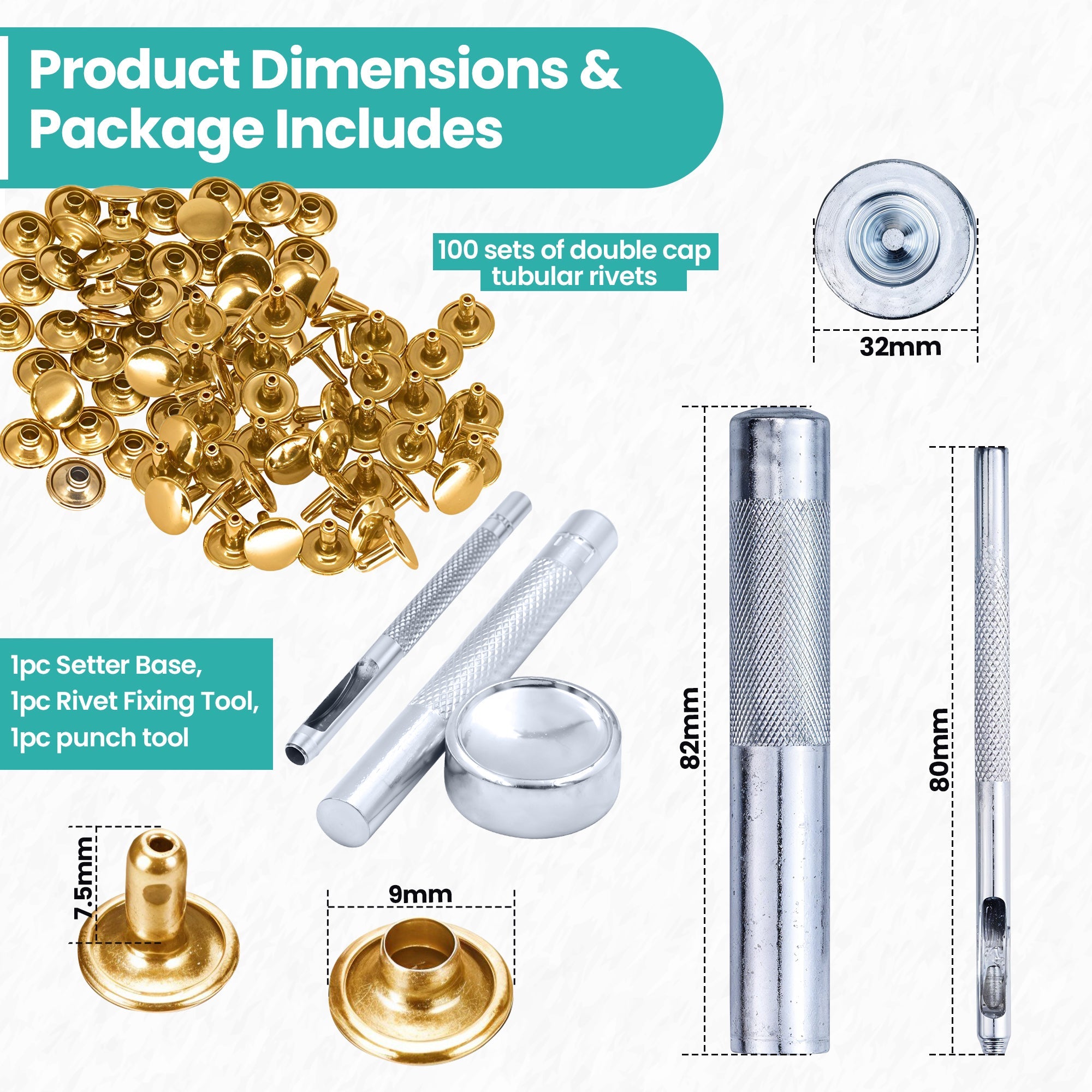 Double Cap Tubular Rivets with Fixing Hand Tool - (Pack of 100)