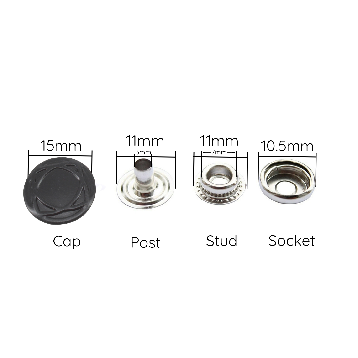 15mm 4-Part Press Studs - Small (10 Sets)