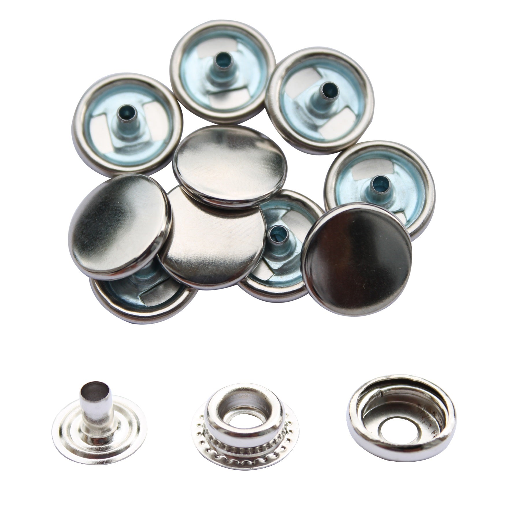 15mm 4-Part Press Studs with Colour Caps and Silver Components - Large (10 Sets)