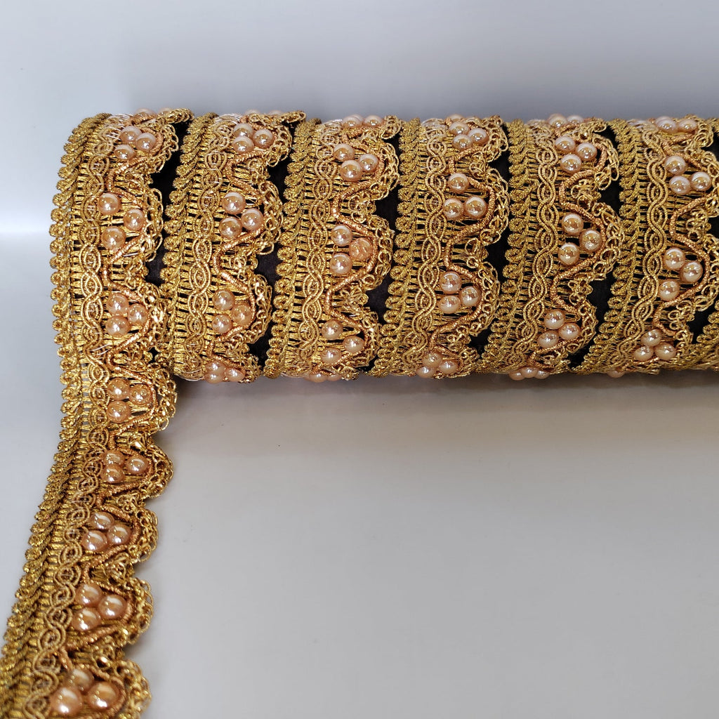 25mm Wide Indian Peach Pearl Studded Lace - 4M