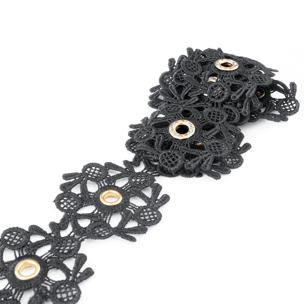 Diamante Eyelets Studded Lace Ribbon - 1m