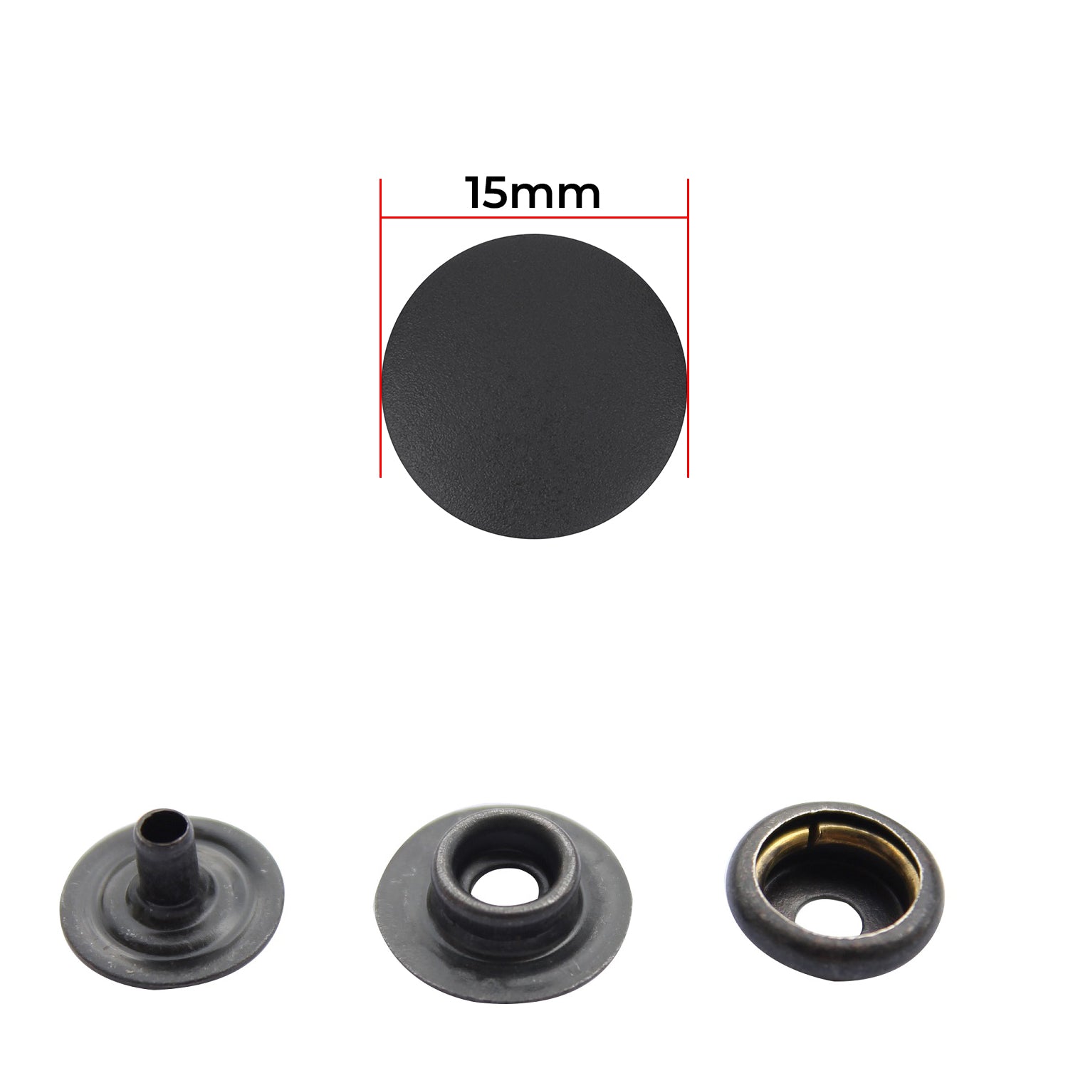 15mm 4 Part Press Studs with Black Internal Parts