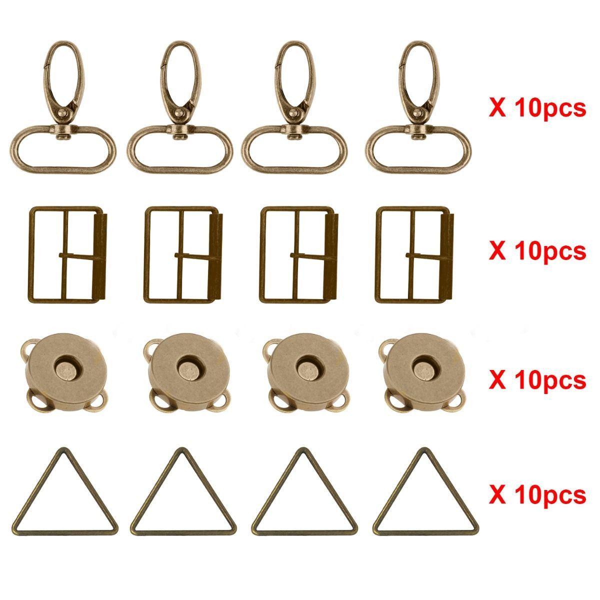 Metal Triangle Rings, Snap Hooks, Roller Buckles & Magnetic Snap Buttons Set (Pack of 40)