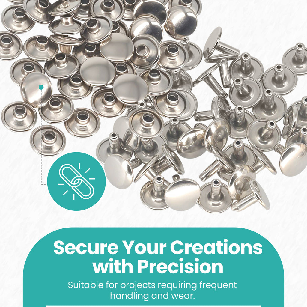 Silver Double Cap Rivets with Hole Punch Hand Tool - (Pack of 100)