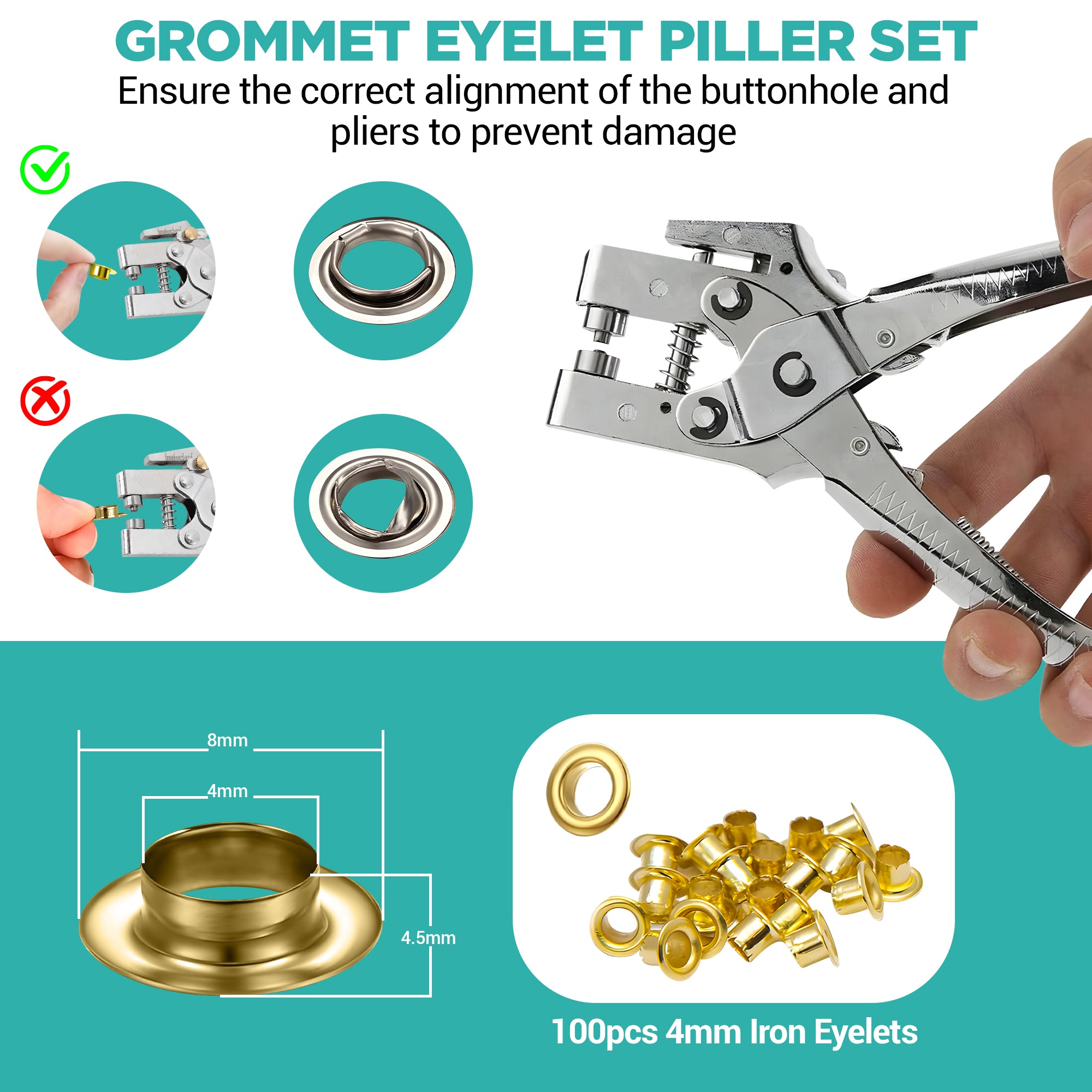 4mm Gold Eyelets with Eyelet Setting Pliers - (Pack of 100)