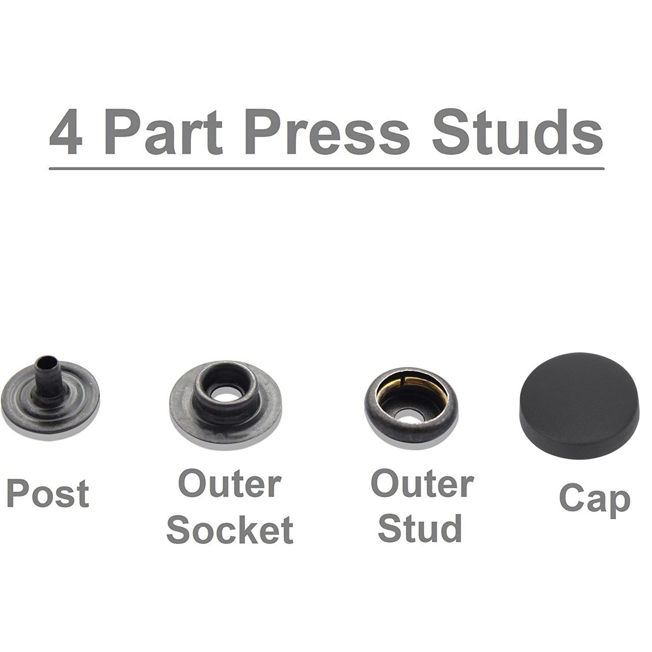 15mm 4 Part Press Studs with Black Internal Parts