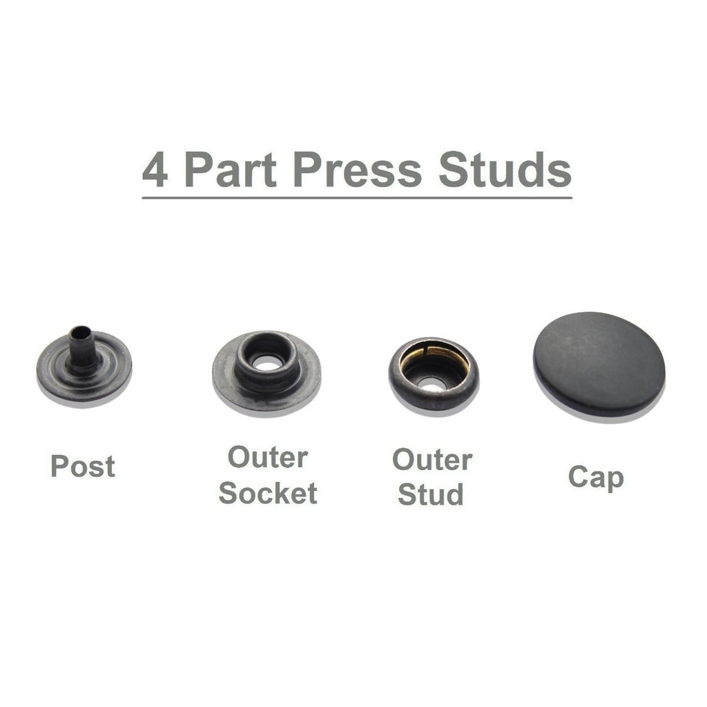 15mm 4-Part Press Studs with Colour Caps and Black Components - Small (10 Sets)