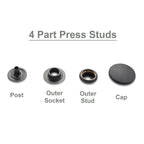 15mm 4-Part Press Studs with Colour Caps and Black Components - Small (10 Sets)