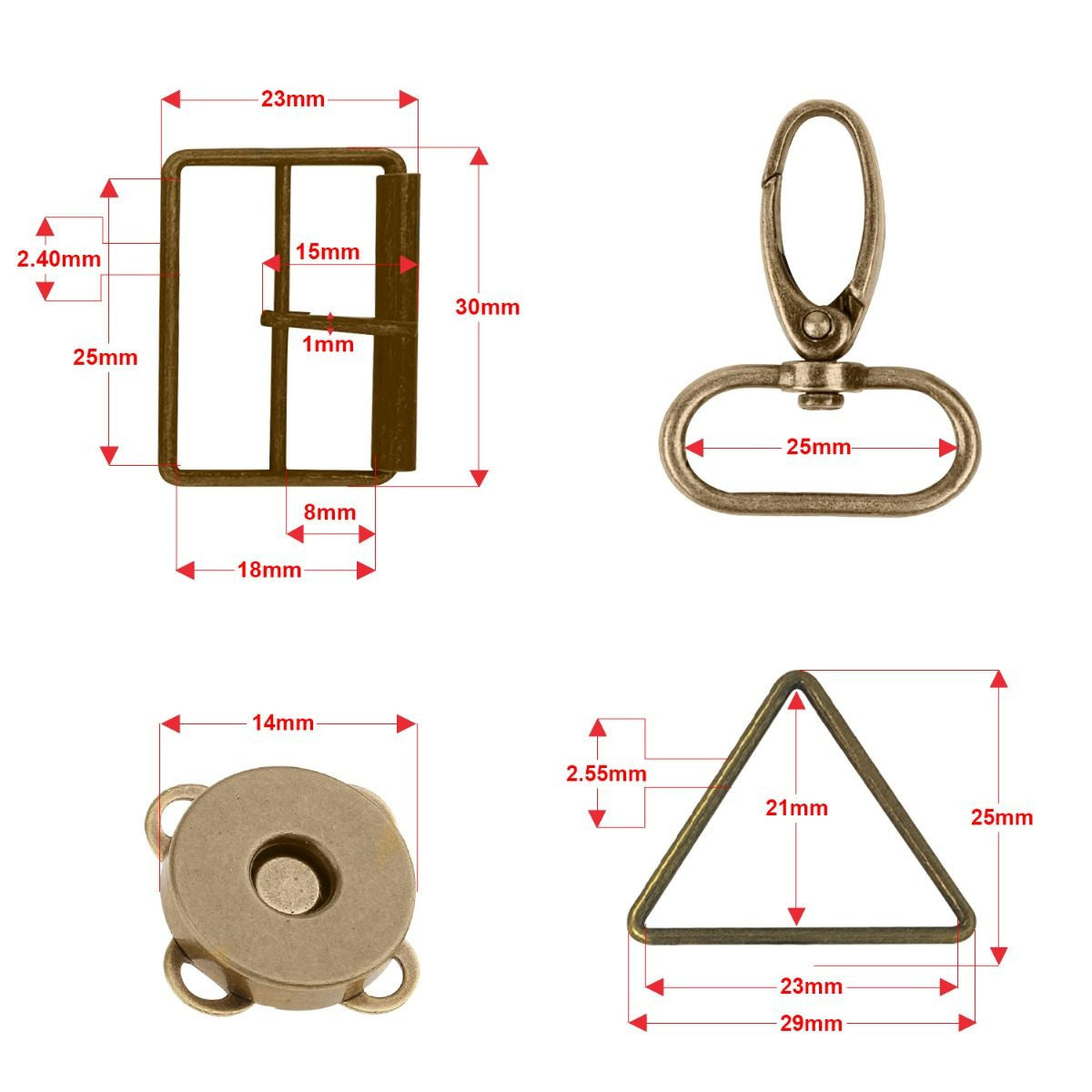 Metal Triangle Rings, Snap Hooks, Roller Buckles & Magnetic Snap Buttons Set (Pack of 40)