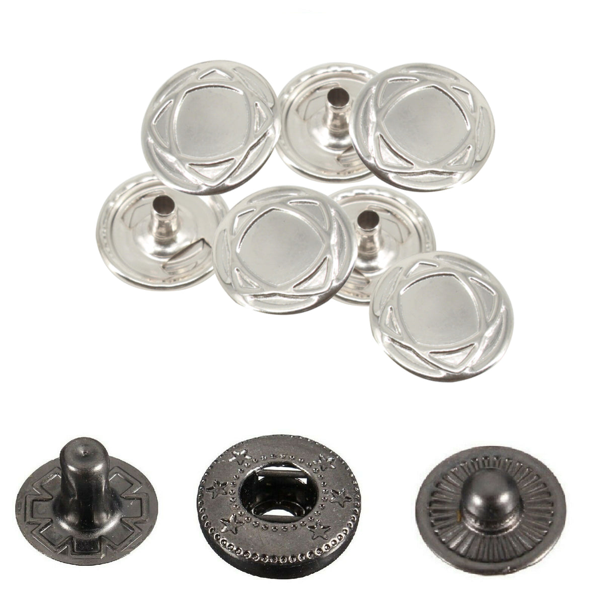 15mm 4 part Gunmetal S Spring Press Studs Coloured Caps Pack 10