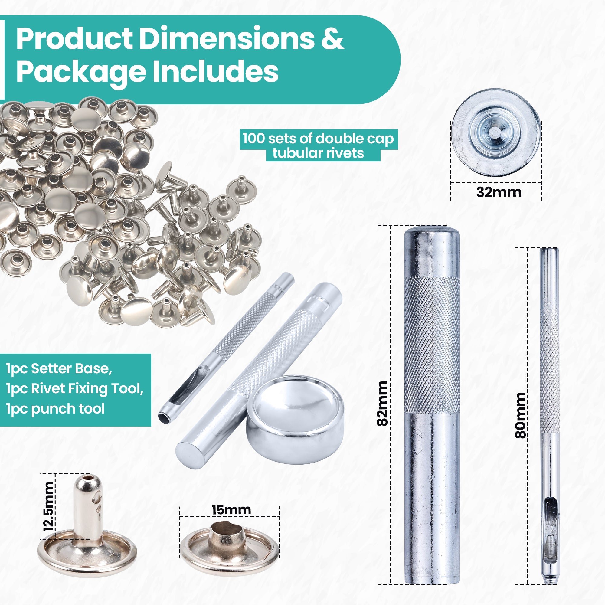 Double Cap Tubular Rivets with Fixing Hand Tool - (Pack of 100)