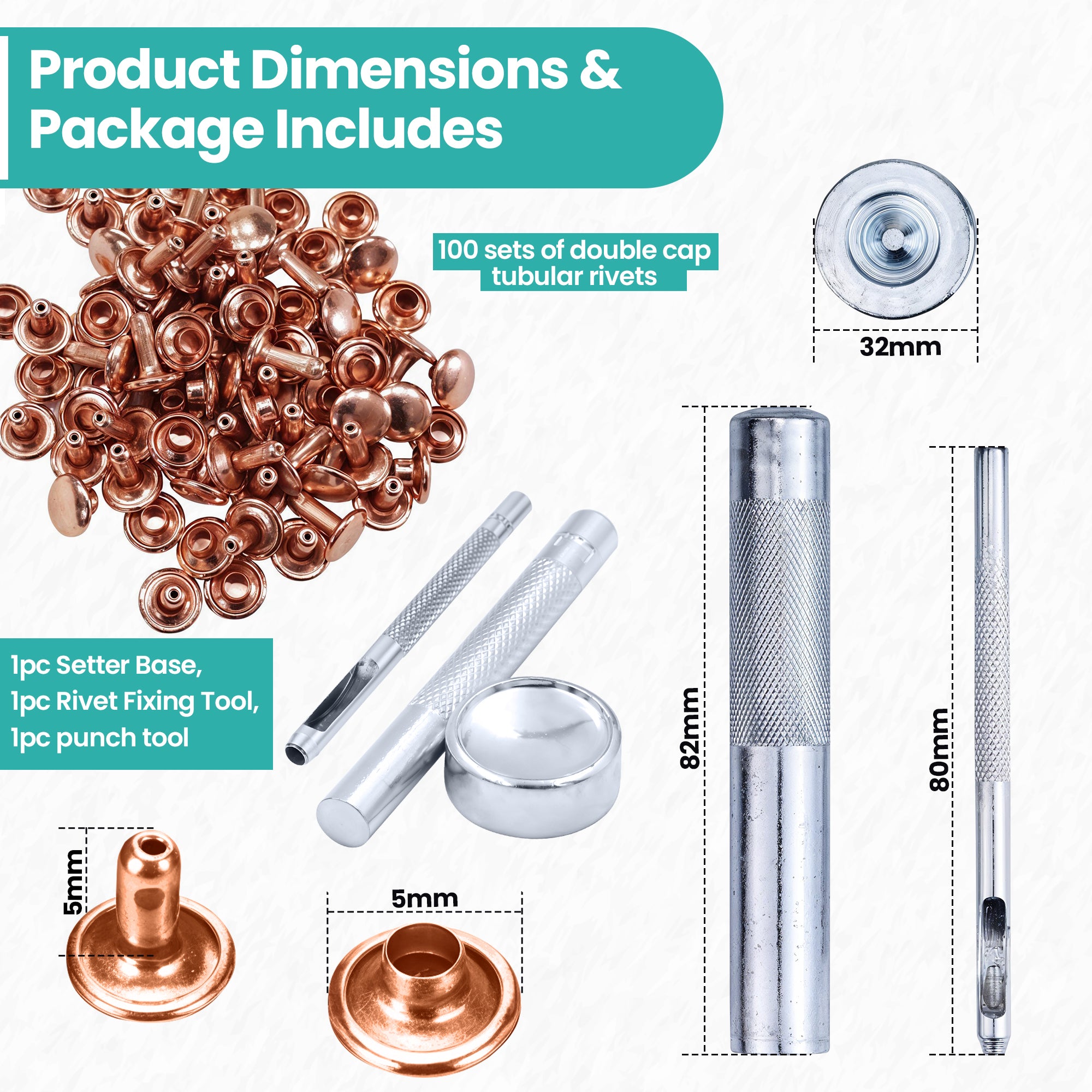 Double Cap Tubular Rivets with Fixing Hand Tool - (Pack of 100)