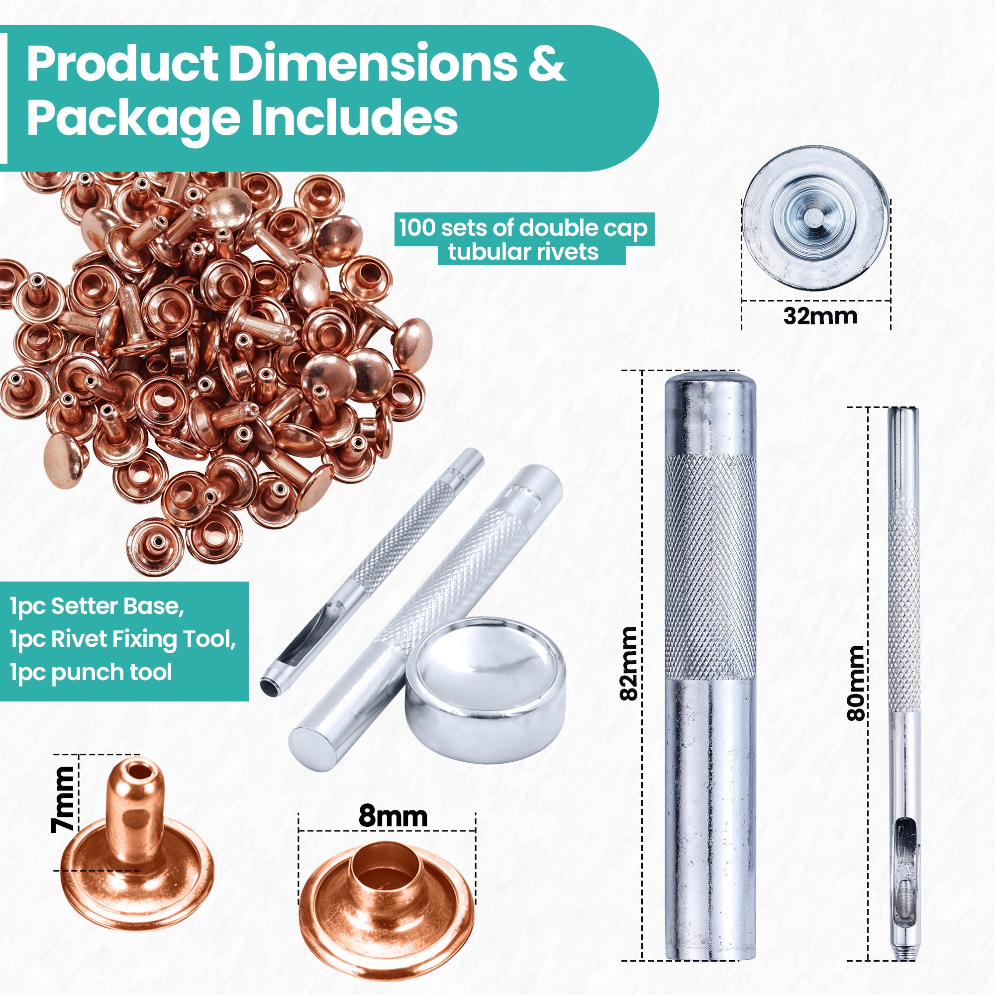 Double Cap Tubular Rivets with Fixing Hand Tool - (Pack of 100)