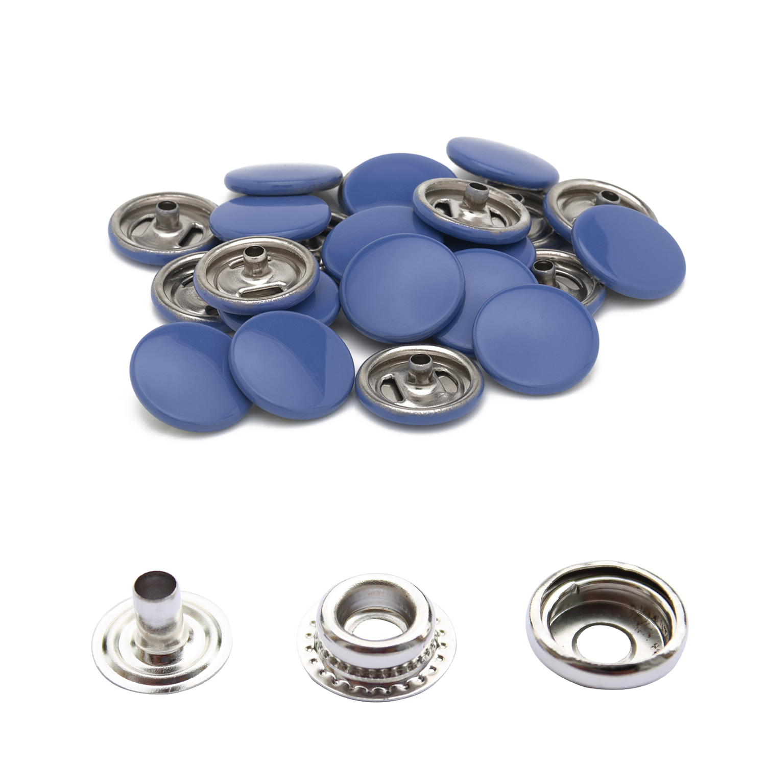 15mm 4-Part Press Studs with Colour Caps and Silver Components - Large (10 Sets)