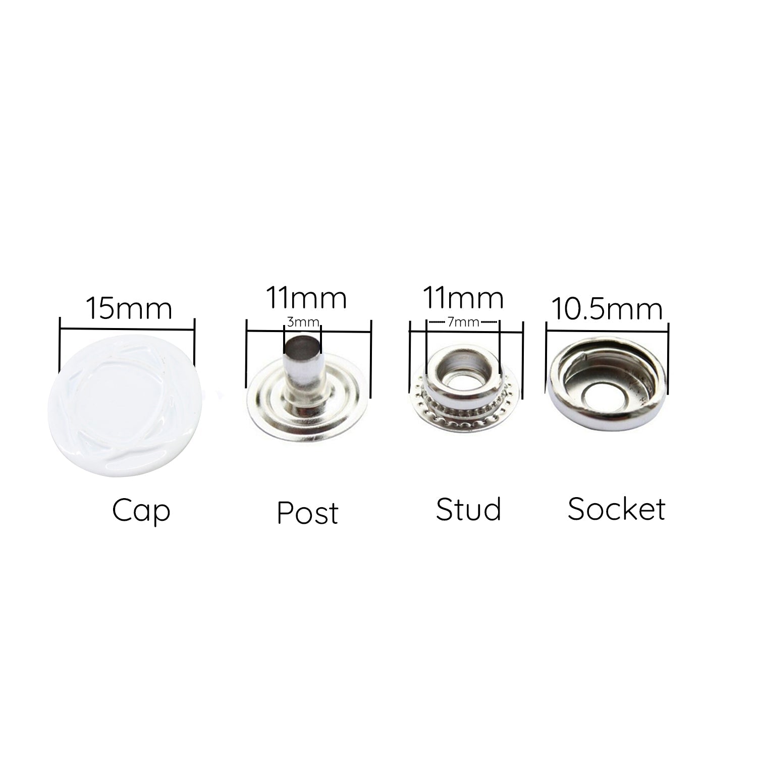 15mm 4-Part Press Studs - Small (10 Sets)