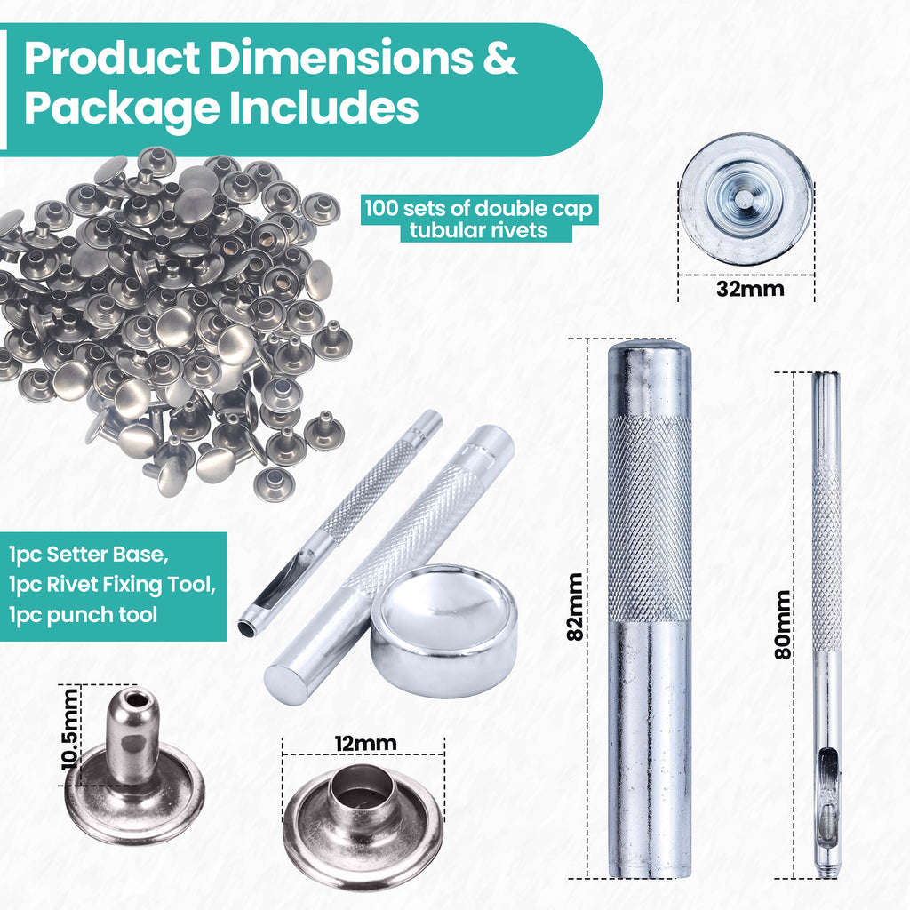 Double Cap Tubular Rivets with Fixing Hand Tool - (Pack of 100)