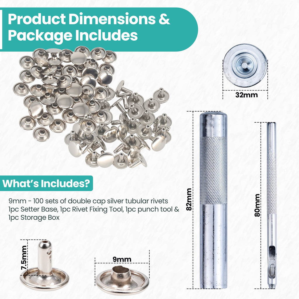 Silver Double Cap Rivets with Hole Punch Hand Tool - (Pack of 100)