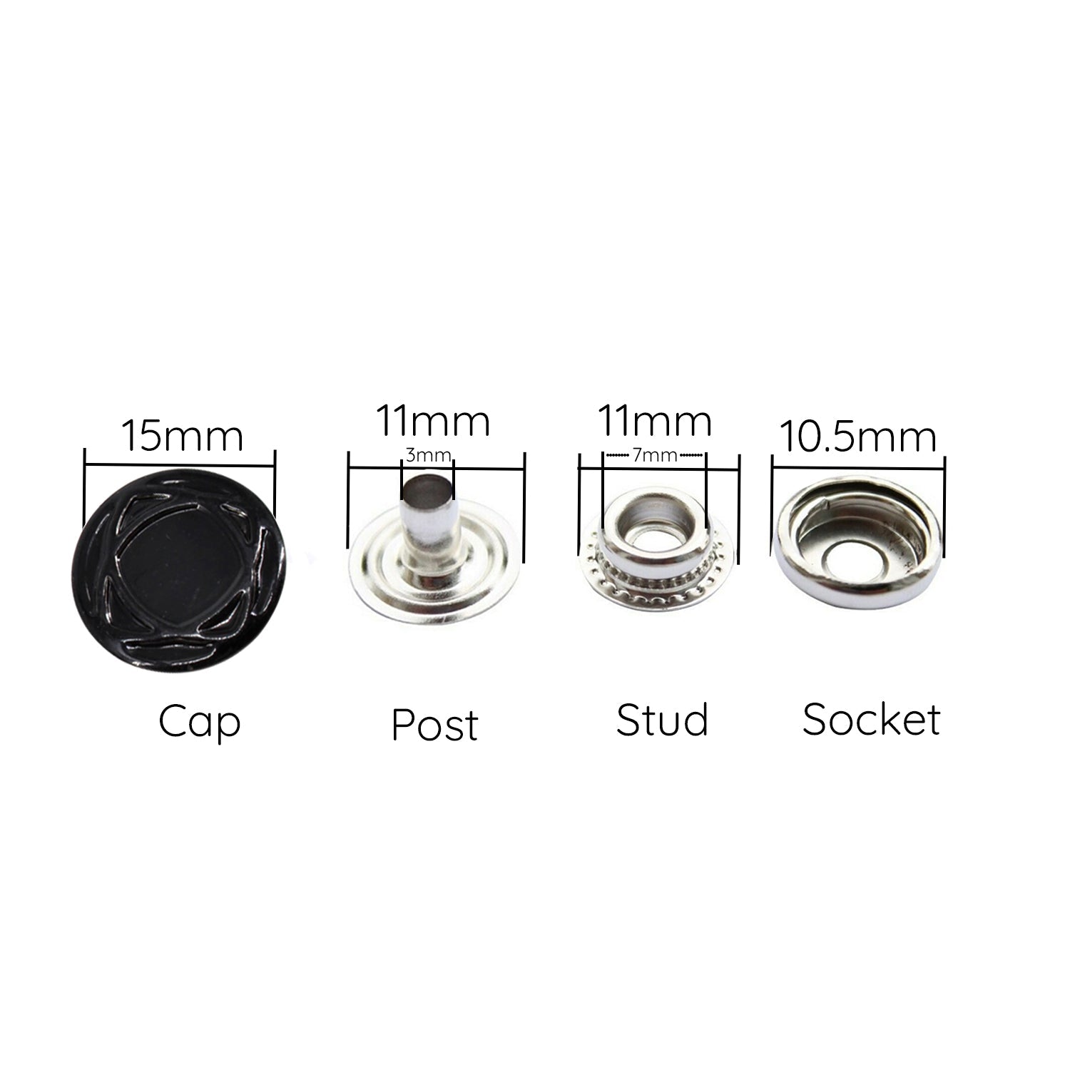 15mm 4-Part Press Studs - Small (10 Sets)