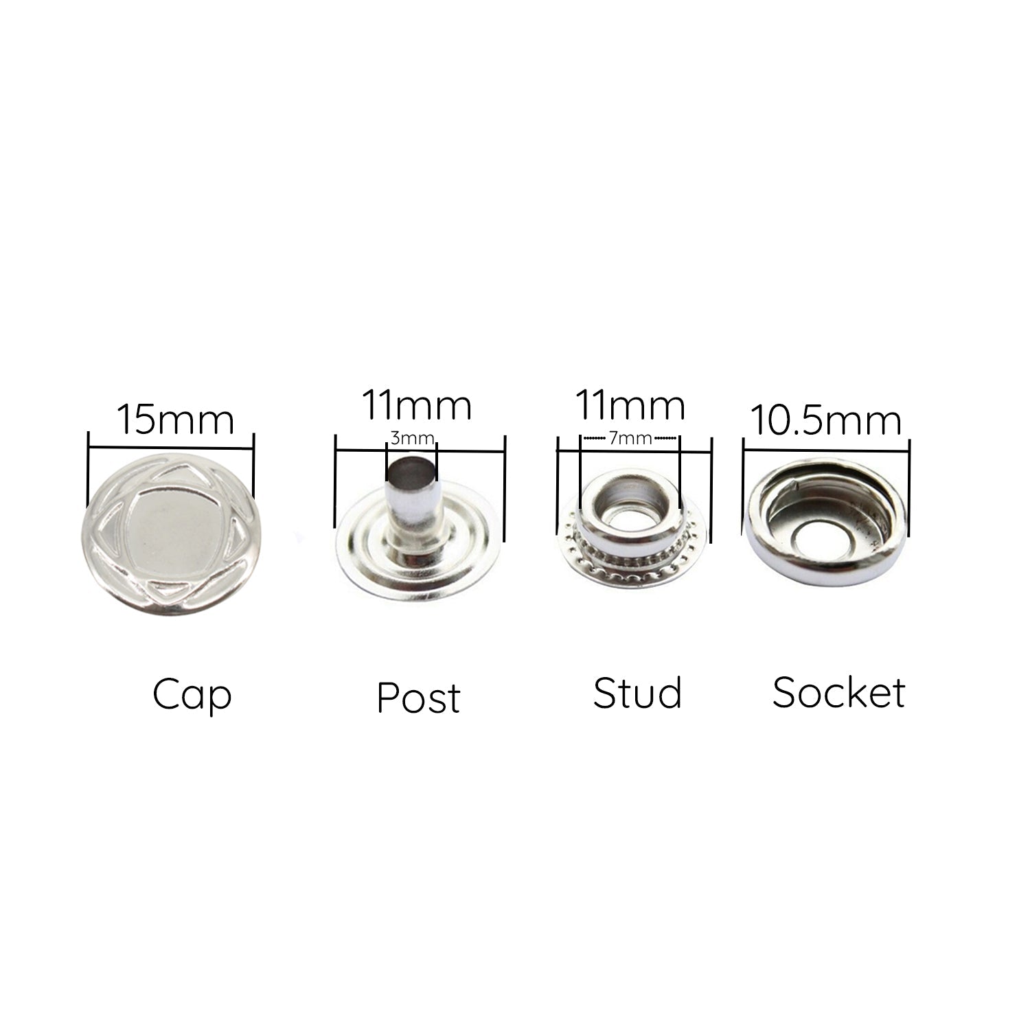 15mm 4-Part Press Studs - Small (10 Sets)