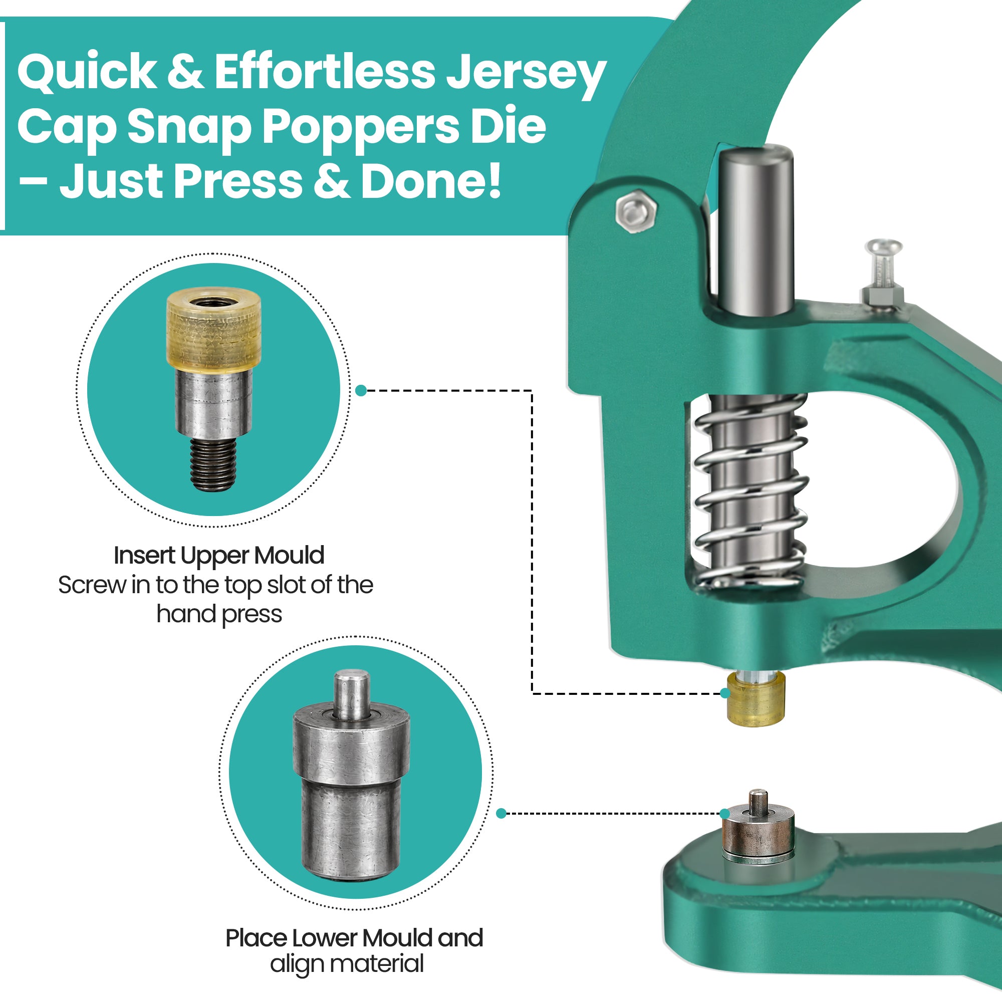 Jersey Cap Snap Poppers Die Tool Set for Green Machine Hand Press