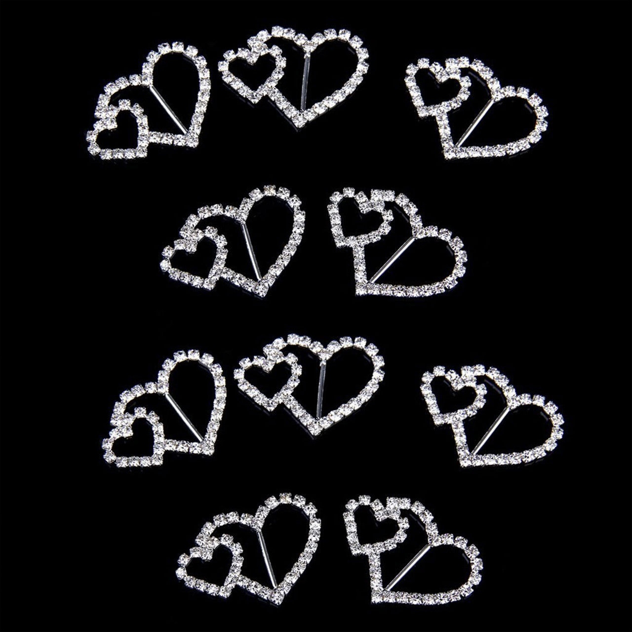 Joined Hearts Diamante Silver Slider Buckles - (Pack of 10)
