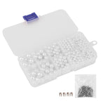 Assorted mixed-sized white beads with pins in a storage box