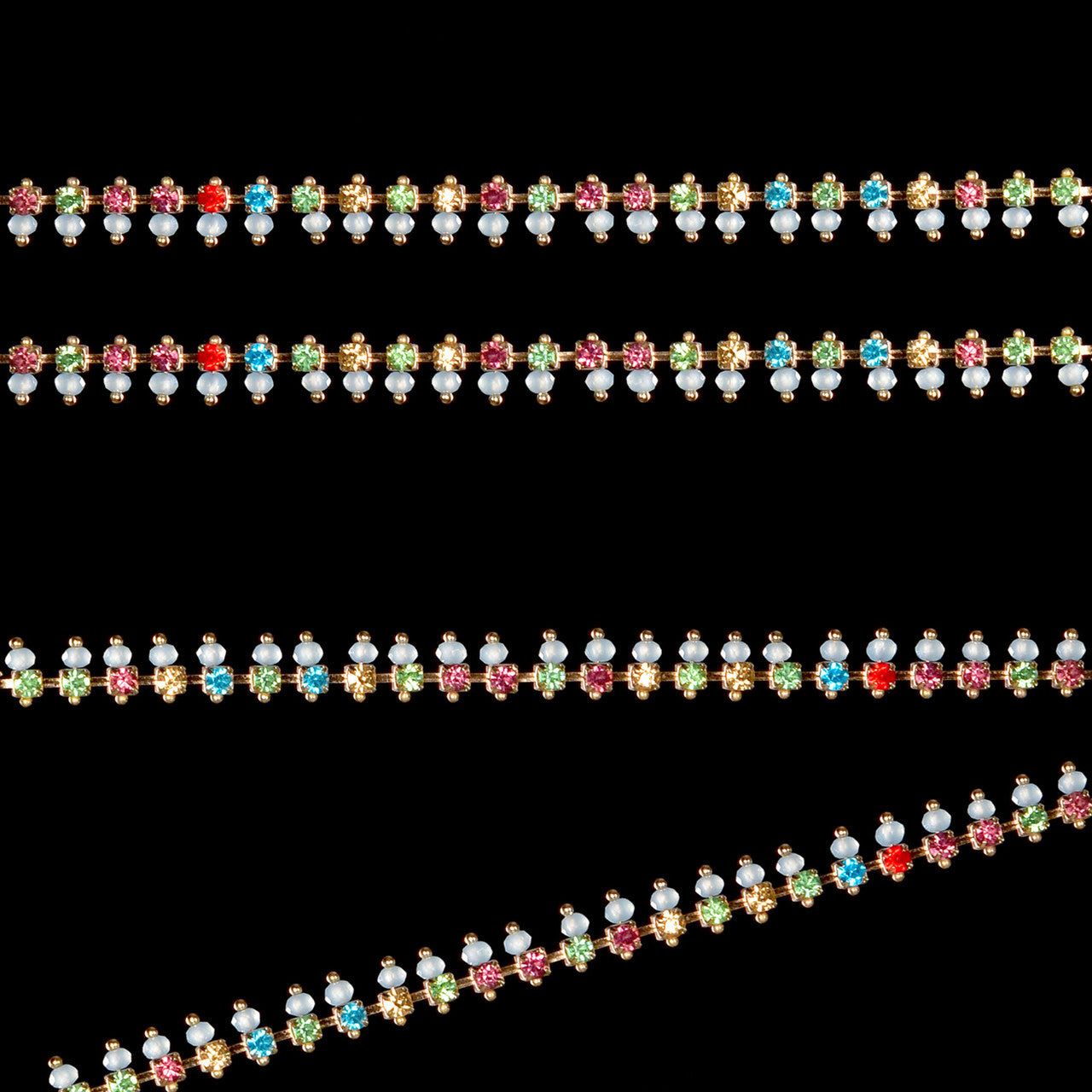 Diamante Rhinestone With White Pearl Chain Lace - MultiColour