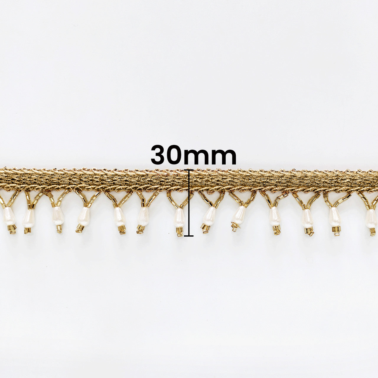 30mm Wide Indian White Pearl & Beaded Lace - Golden - 4M