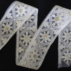 55mm Wide Indian Floral Embroidary Lace with Sequins - White - 4M