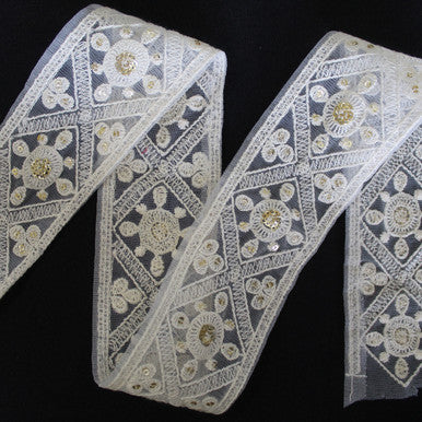 55mm Wide Indian Floral Embroidary Lace with Sequins - White - 4M