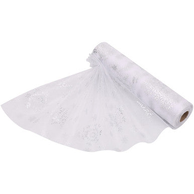 25m x 29cm Organza Roll - Silver Snow Flake Print