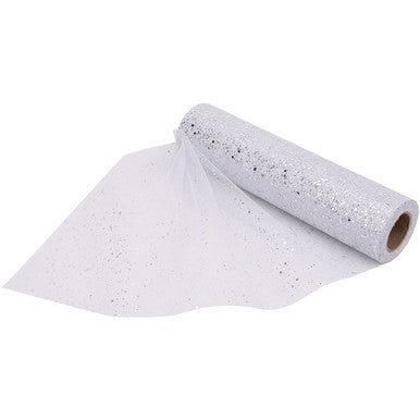 25m x 29cm Organza Roll - Silver Glitter Mesh