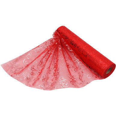 25m x 29cm Organza Roll - Red Flocked Design