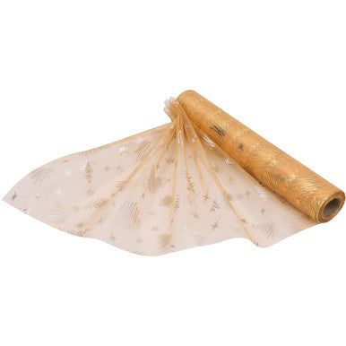 25m x 29cm Organza Roll - Gold Xmas Tree Print