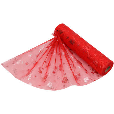 25m x 29cm Organza Roll - Red Xmas Tree Print