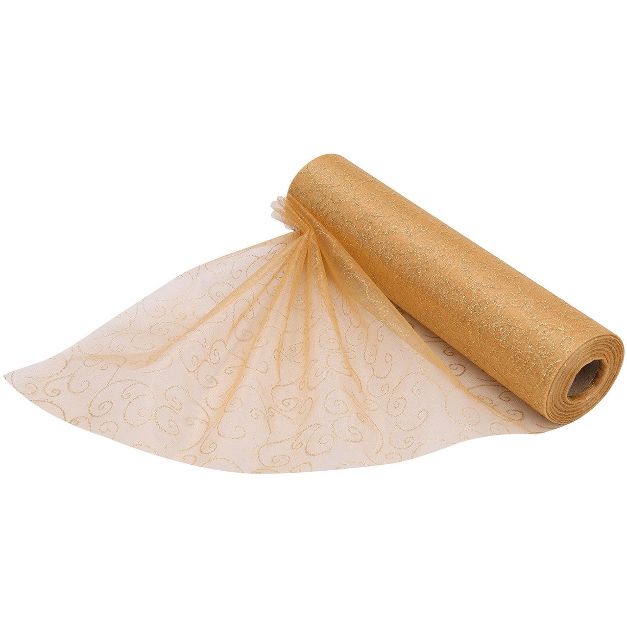 25m x 29cm Organza Roll - Gold Flocked Swirl Design Print