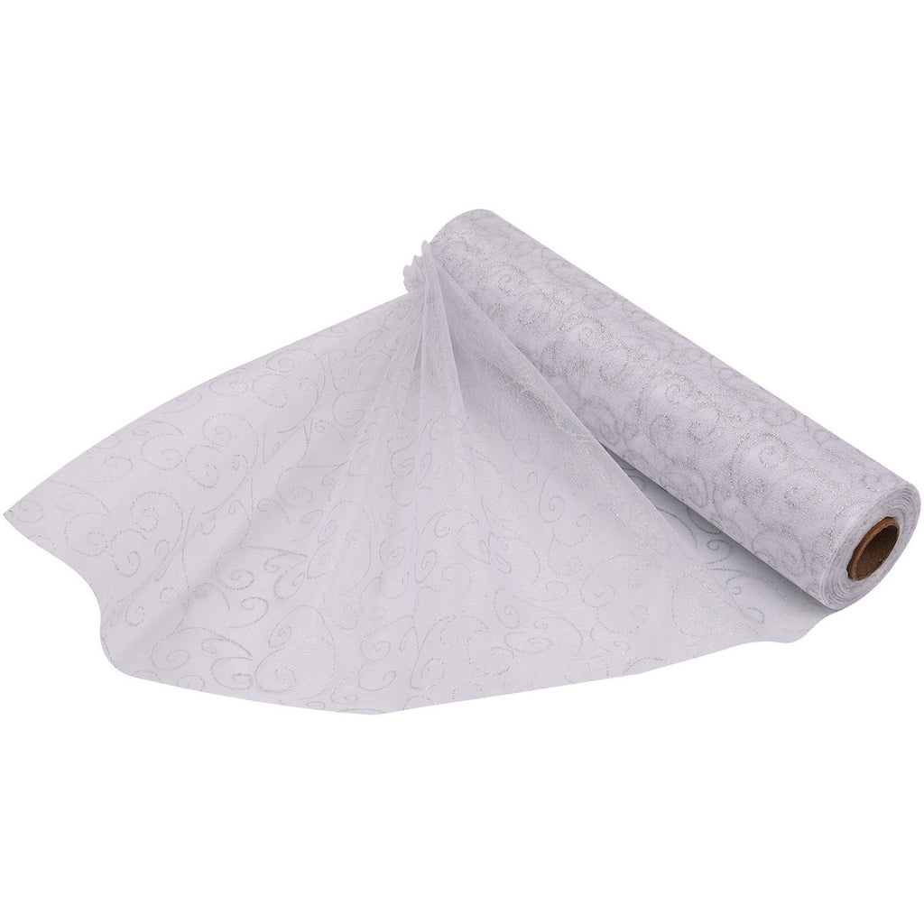 25m x 29cm Organza Roll - Silver Flocked Swirl Design Print