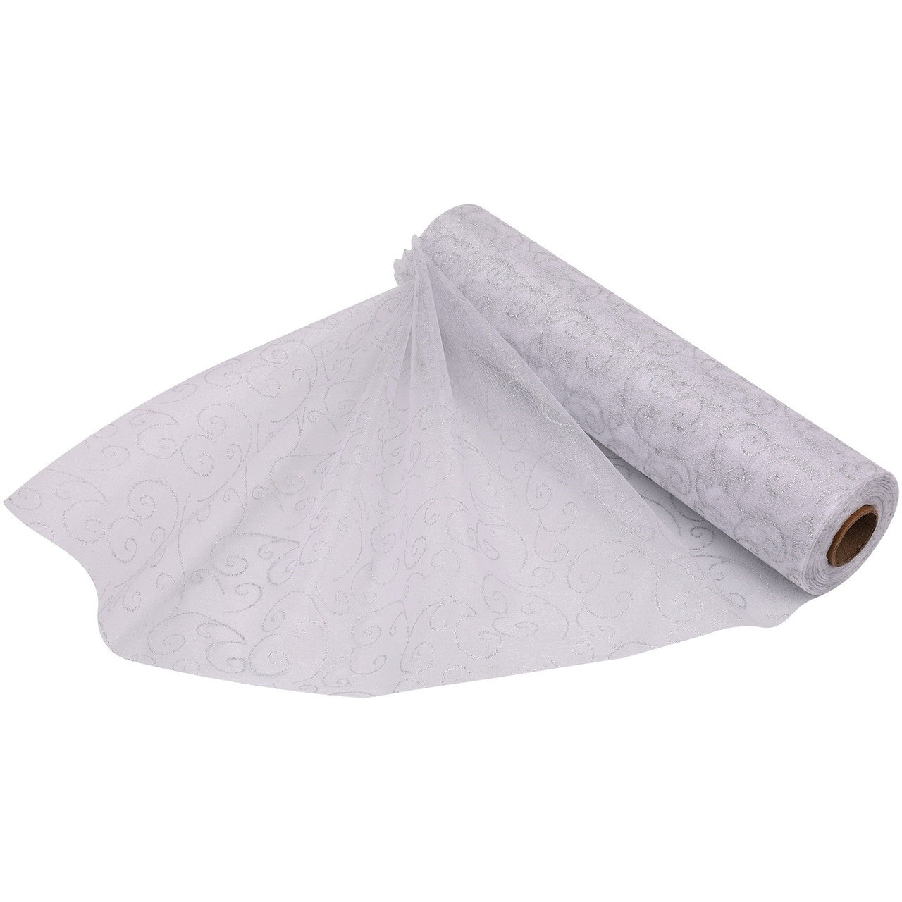 25m x 29cm Organza Roll - Silver Flocked Swirl Design Print