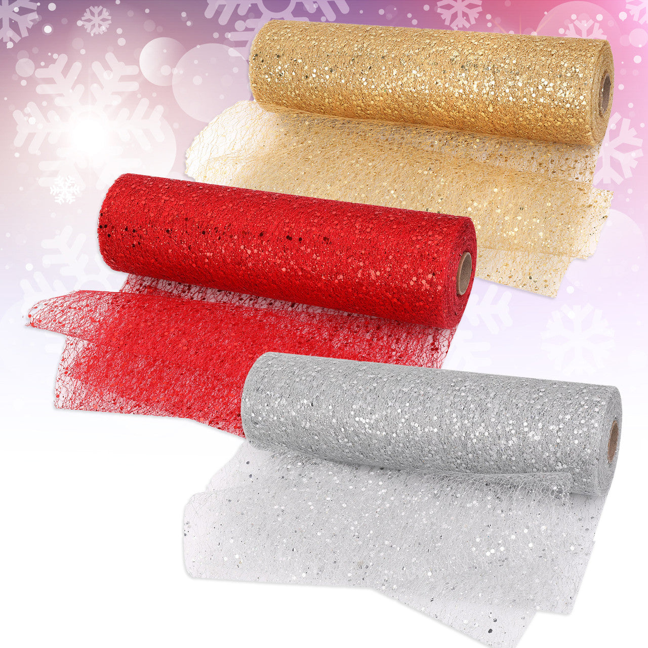 29cm x 25m Organza Rolls (Pack of 3) - Sparkle Glitter Sequin Design - Gold, Silver, Red