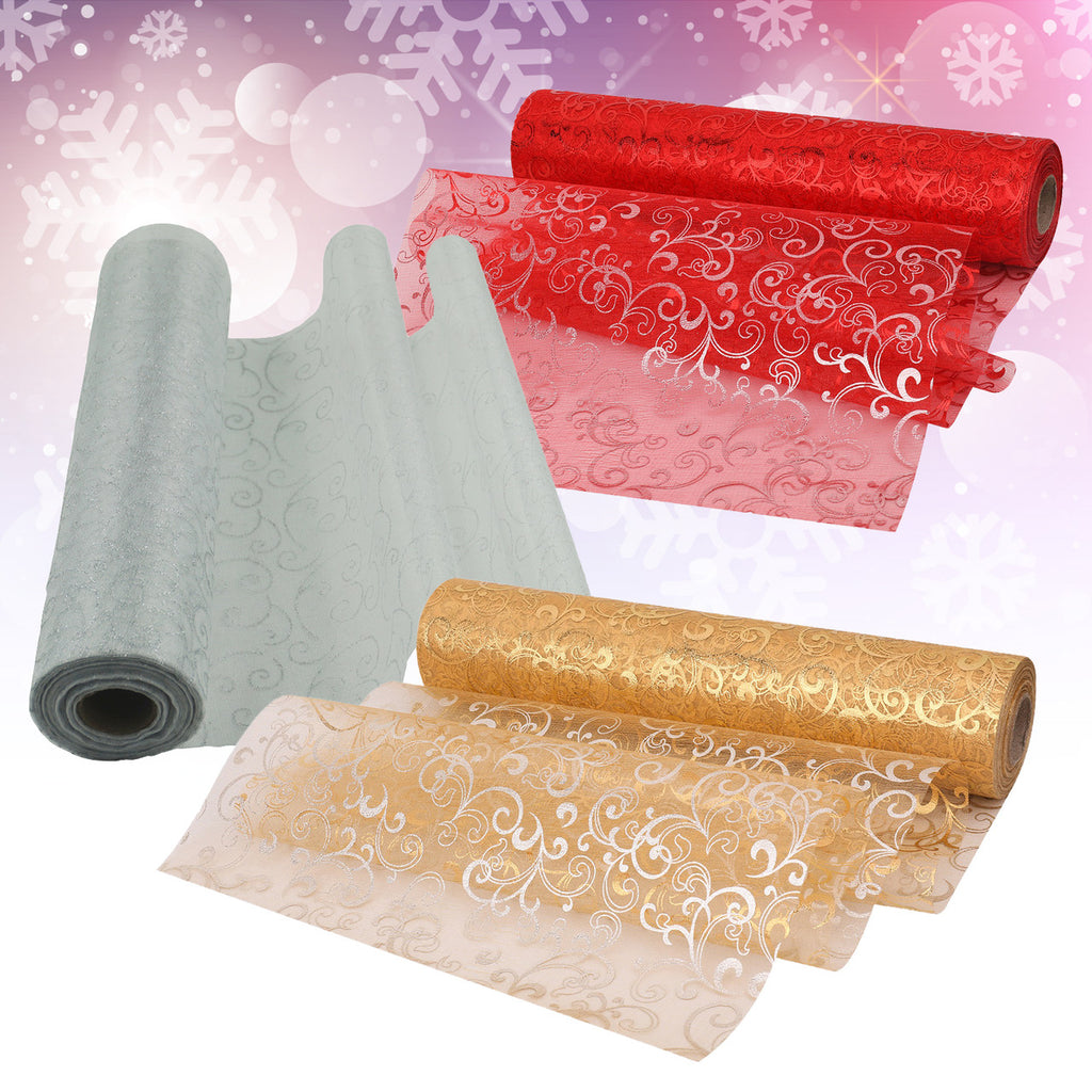 29cm x 25m Organza Rolls (Pack of 3) - Flocked Design - Gold, White, Red