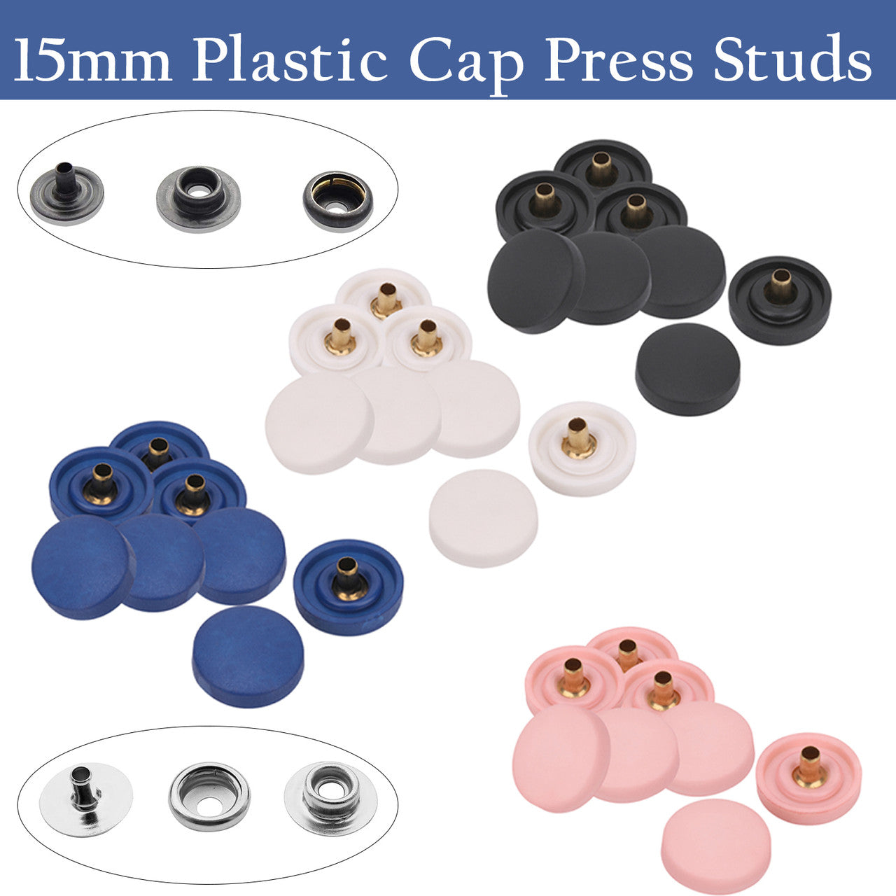 15mm 4 Part Press Studs with Black Internal Parts