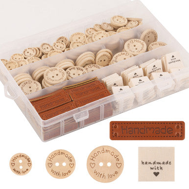 Handmade Craft Wooden Buttons & PU Label Pack - 350Pcs