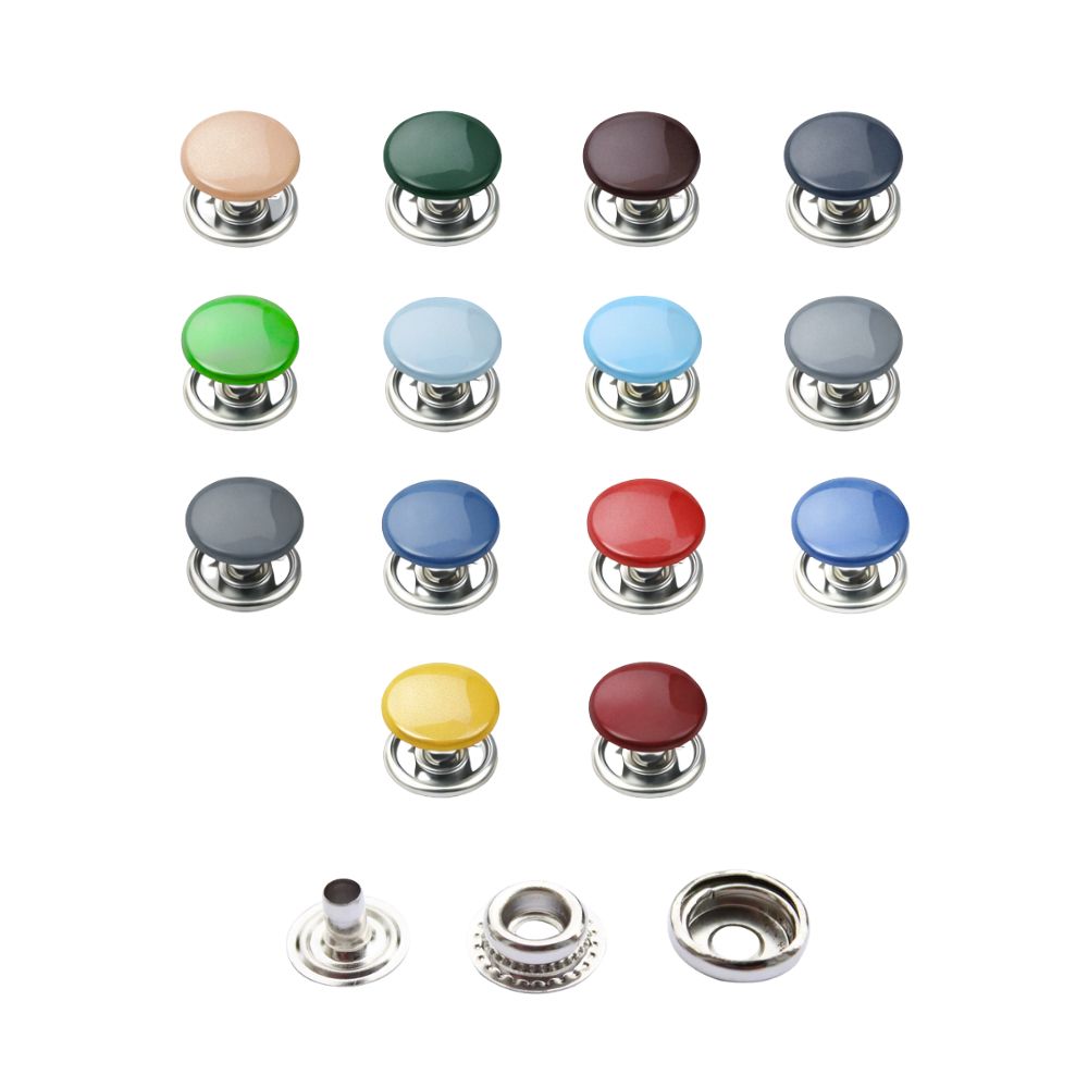 15mm 4-Part Press Studs with Colour Caps and Silver Components - Large (10 Sets)