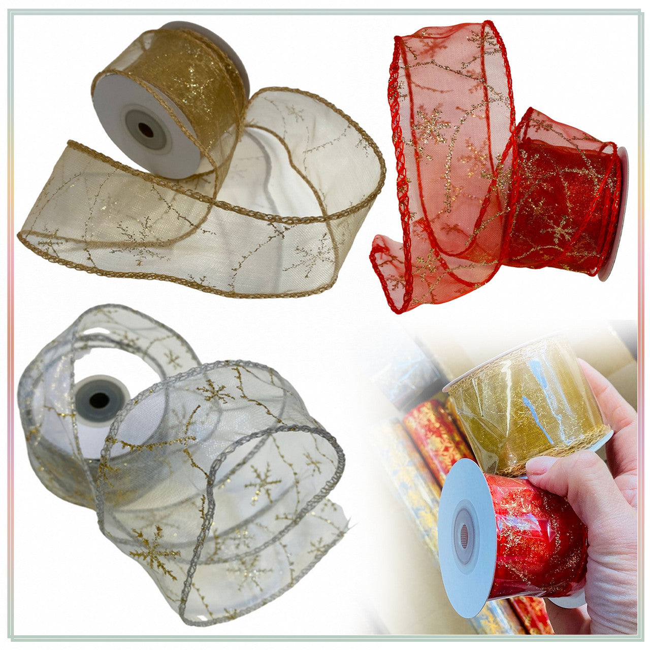 10m Organza Ribbon - Christmas Snowflakes