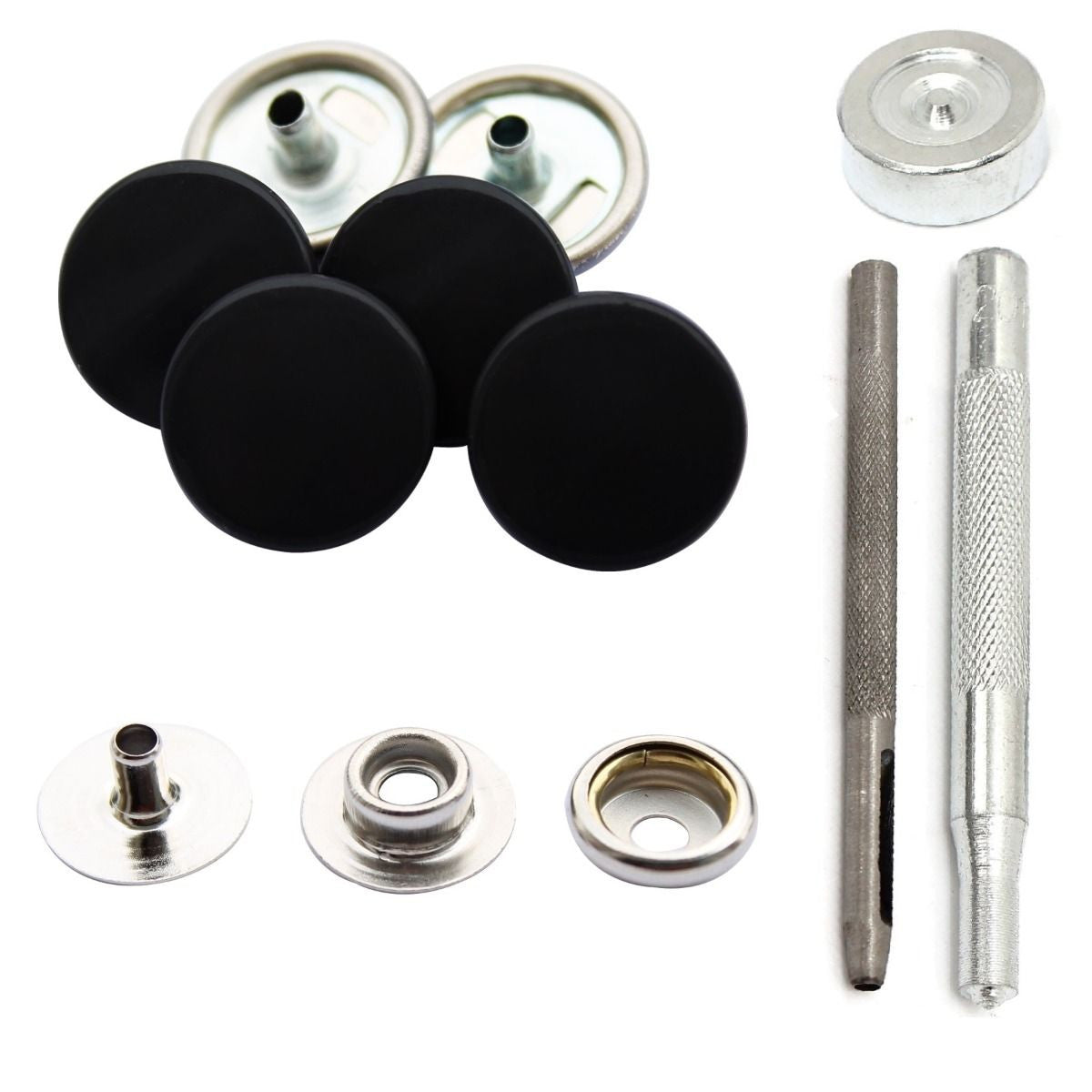 15mm 4-Part Metal Press Studs (Silver Back Snaps/(100 Sets)) with Hand Fixing Tool