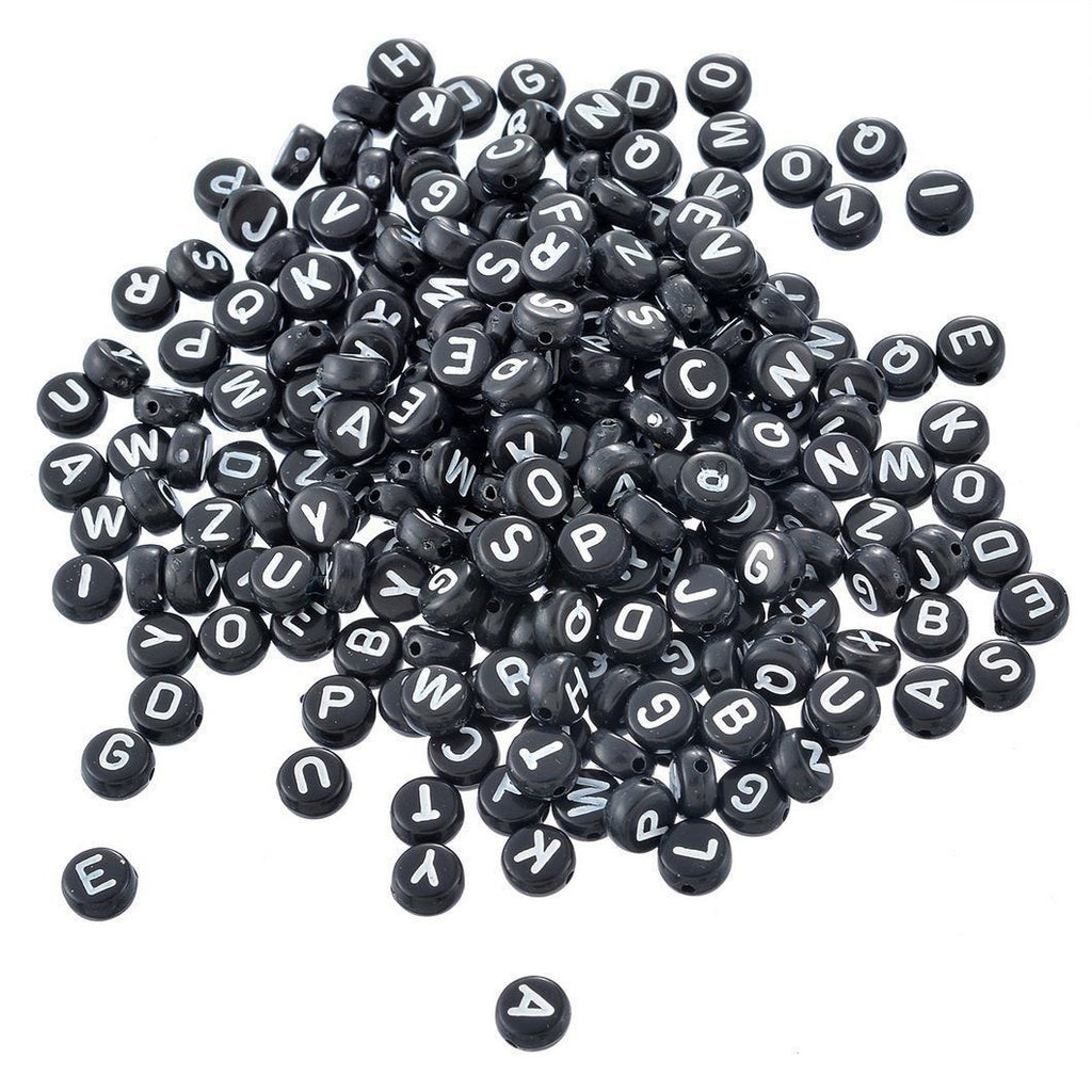6.5mm Black Round A-Z Mixed Plastic  White Lettered Beads - (Pack of 100)