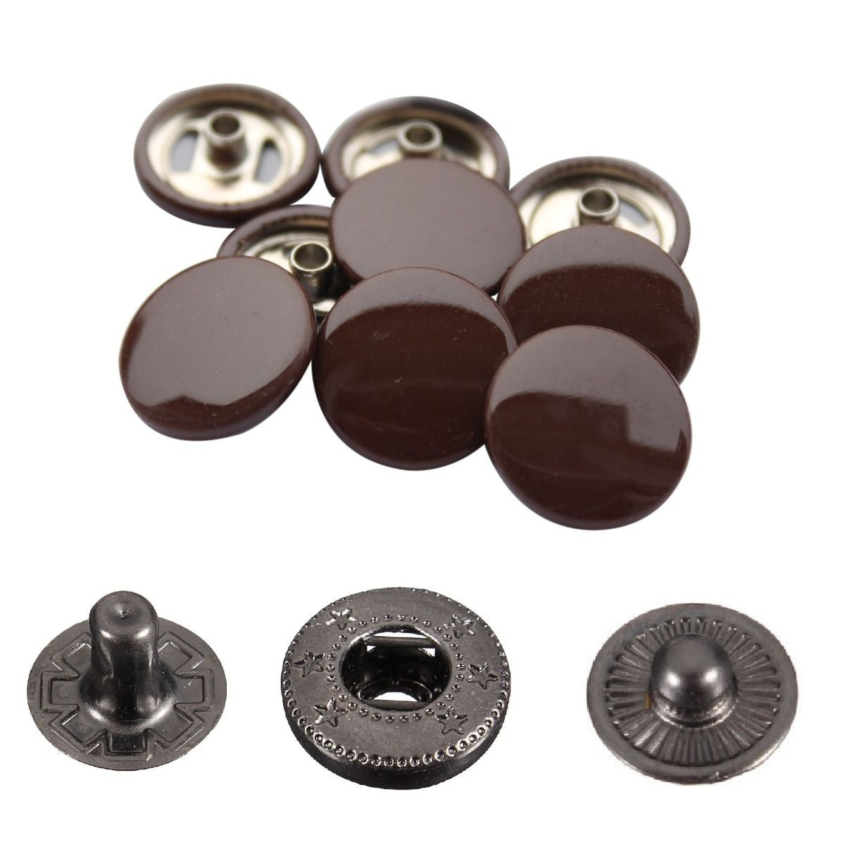 15mm S Spring Press Studs with Colour Caps and Gunmetal Components - (10 Sets)