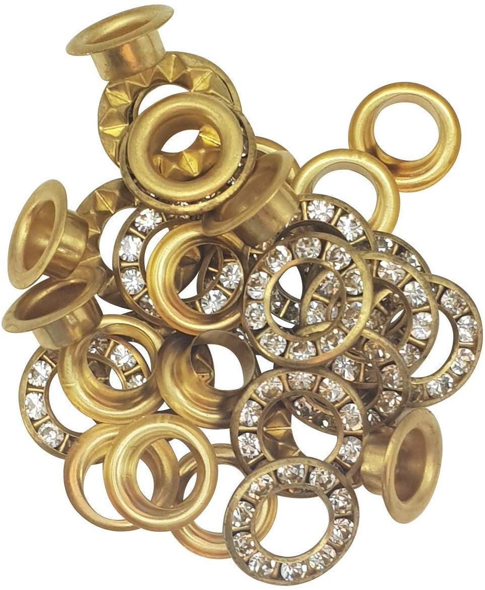 6mm Diamante Studded Brass Eyelets with Fixing Hand Tool - (Pack of 50)