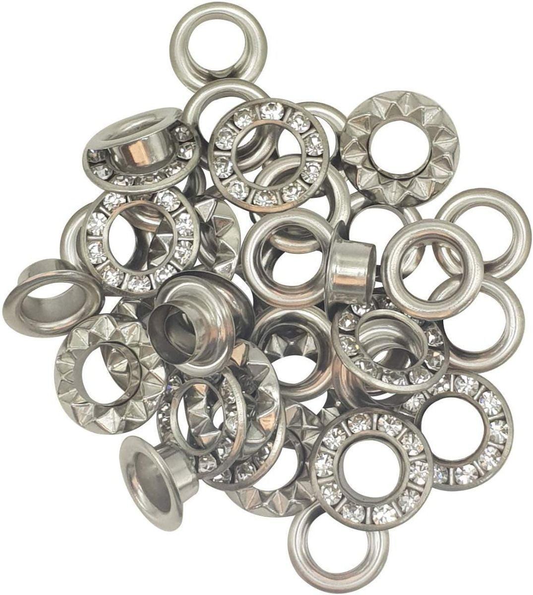 6mm Diamante Studded Brass Eyelets with Fixing Hand Tool - (Pack of 50)