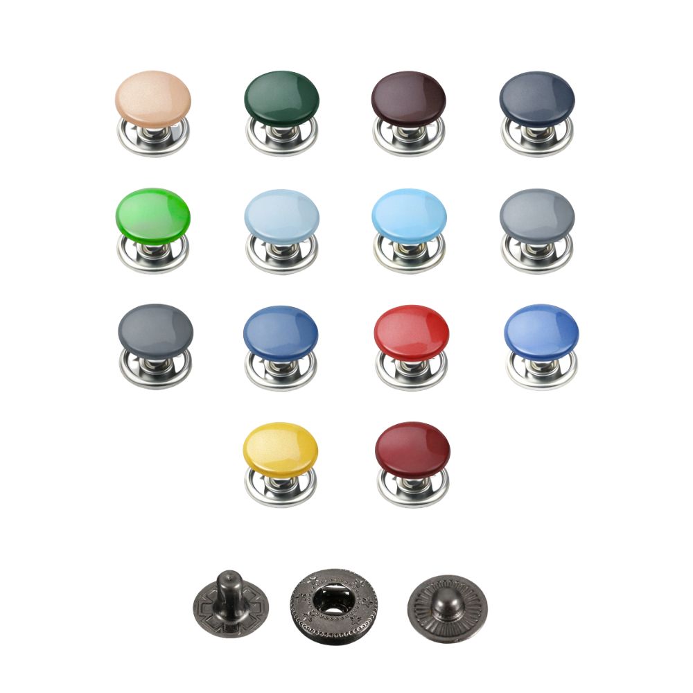 15mm S Spring Press Studs with Colour Caps and Gunmetal Components - (10 Sets)